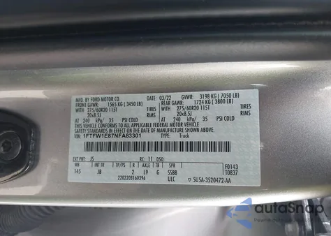 2022 Ford F150 Supercrew from USA, damaged, VIN 1FTFW1E87NFA83301